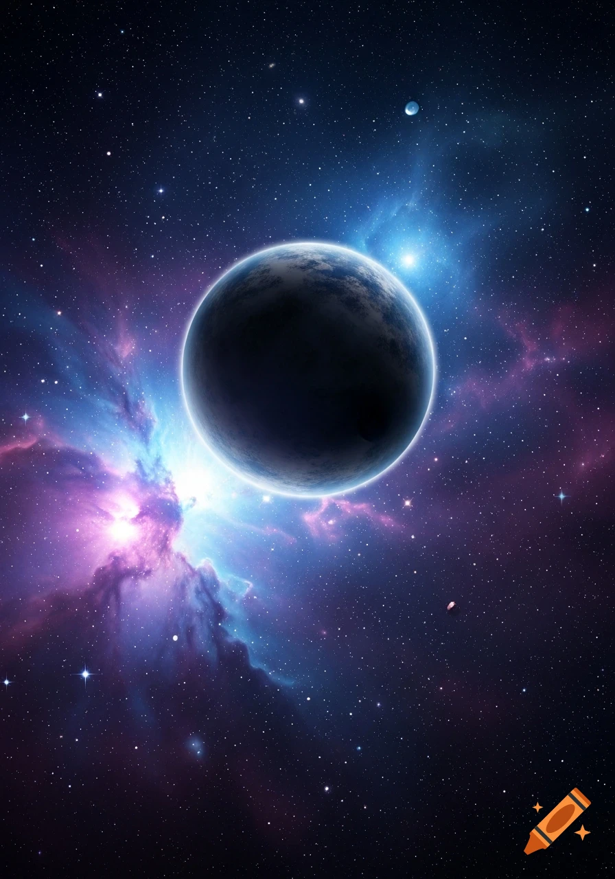 A large, dark planet floats in a vibrant space scene with glowing blue and purple nebulae and countless stars.