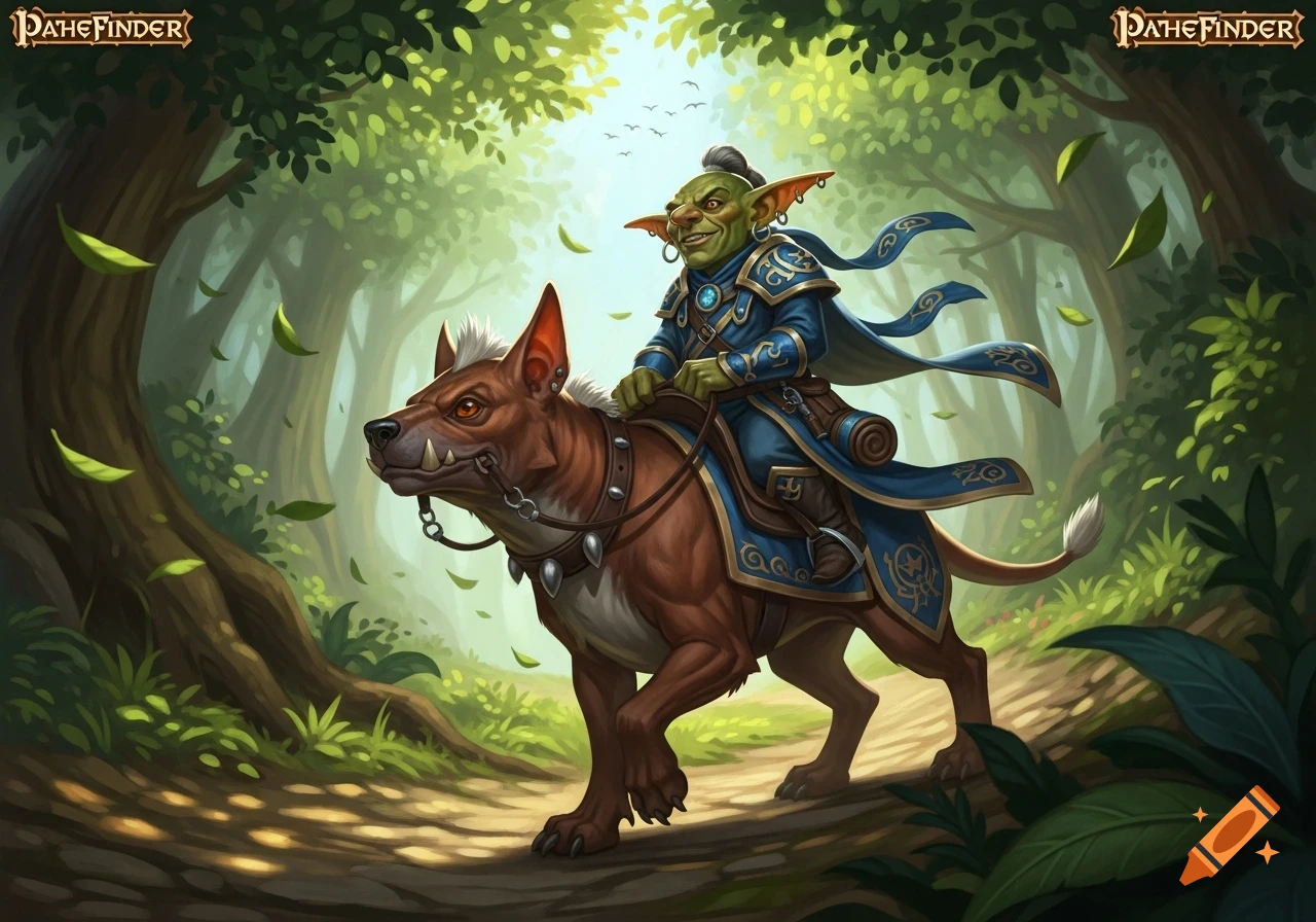 A green-skinned goblin in blue robes rides a fierce brown goblin dog through a lush green forest path in a fantasy art style.