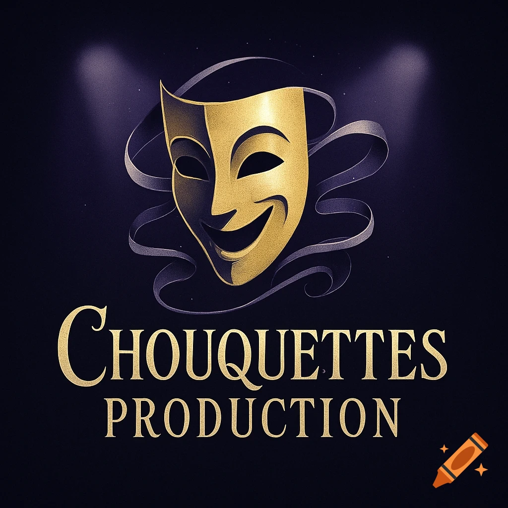 A golden and dark theatrical comedy mask logo with ribbons above 'CHOUQUETTES PRODUCTION' text on a dark background.