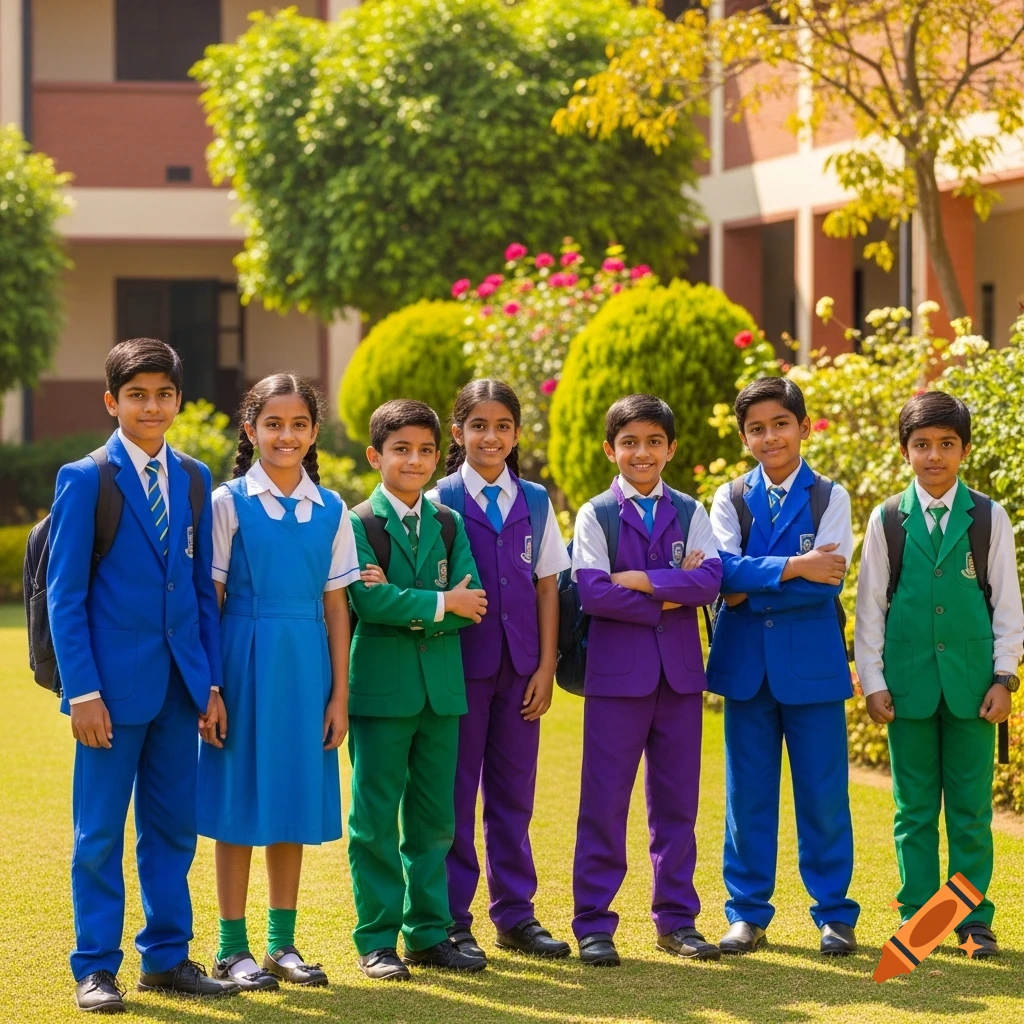 Six smiling Indian children in blue, purple, and green school uniforms stand on a grassy lawn outside a school building.