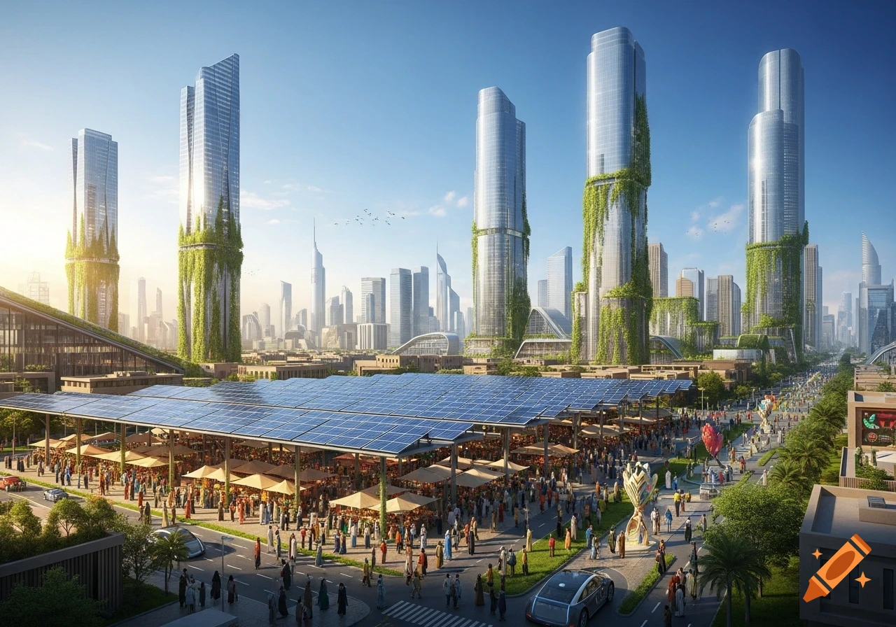 A vibrant, futuristic city with skyscrapers covered in greenery, a large market under solar panels, and many people walking on sunny streets.