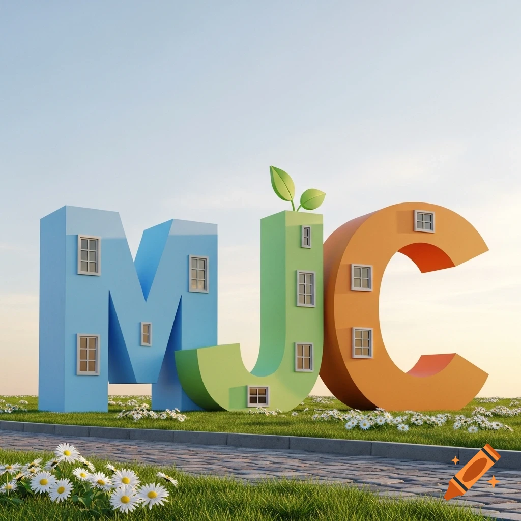 Stylized letter-shaped buildings M, J, C in blue, green, and orange with windows, standing in a field of daisies under a clear sky, with a cobblestone path.