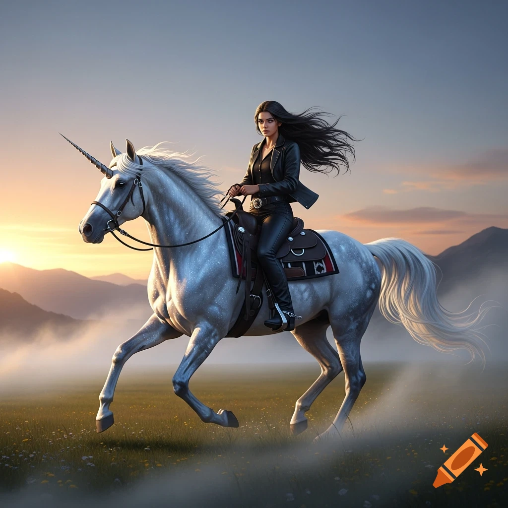 A woman in black leather rides a silver unicorn through a misty field at sunset, mountains in background. Photorealistic.