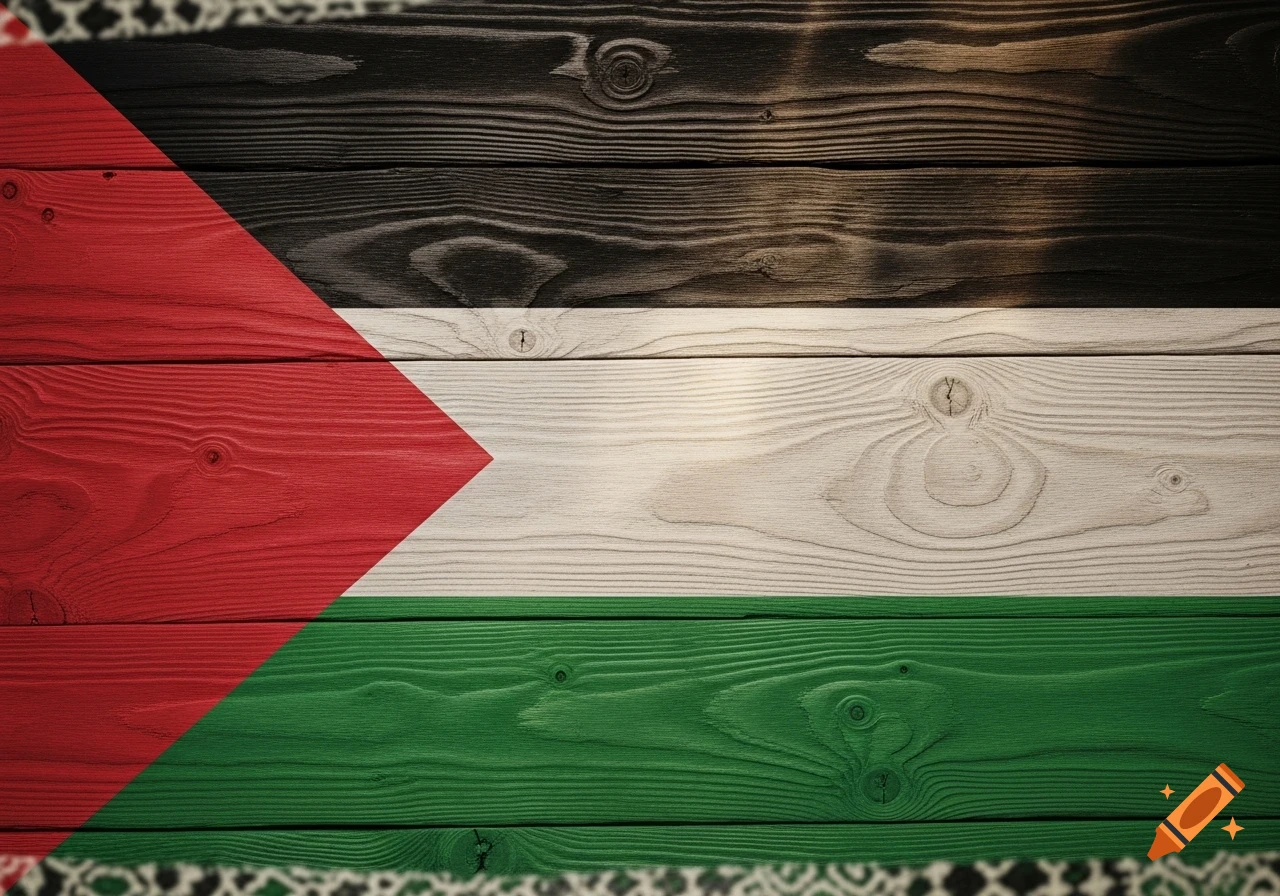 The Palestinian flag recreated with painted wooden planks, showing red, white, green, and black colors.