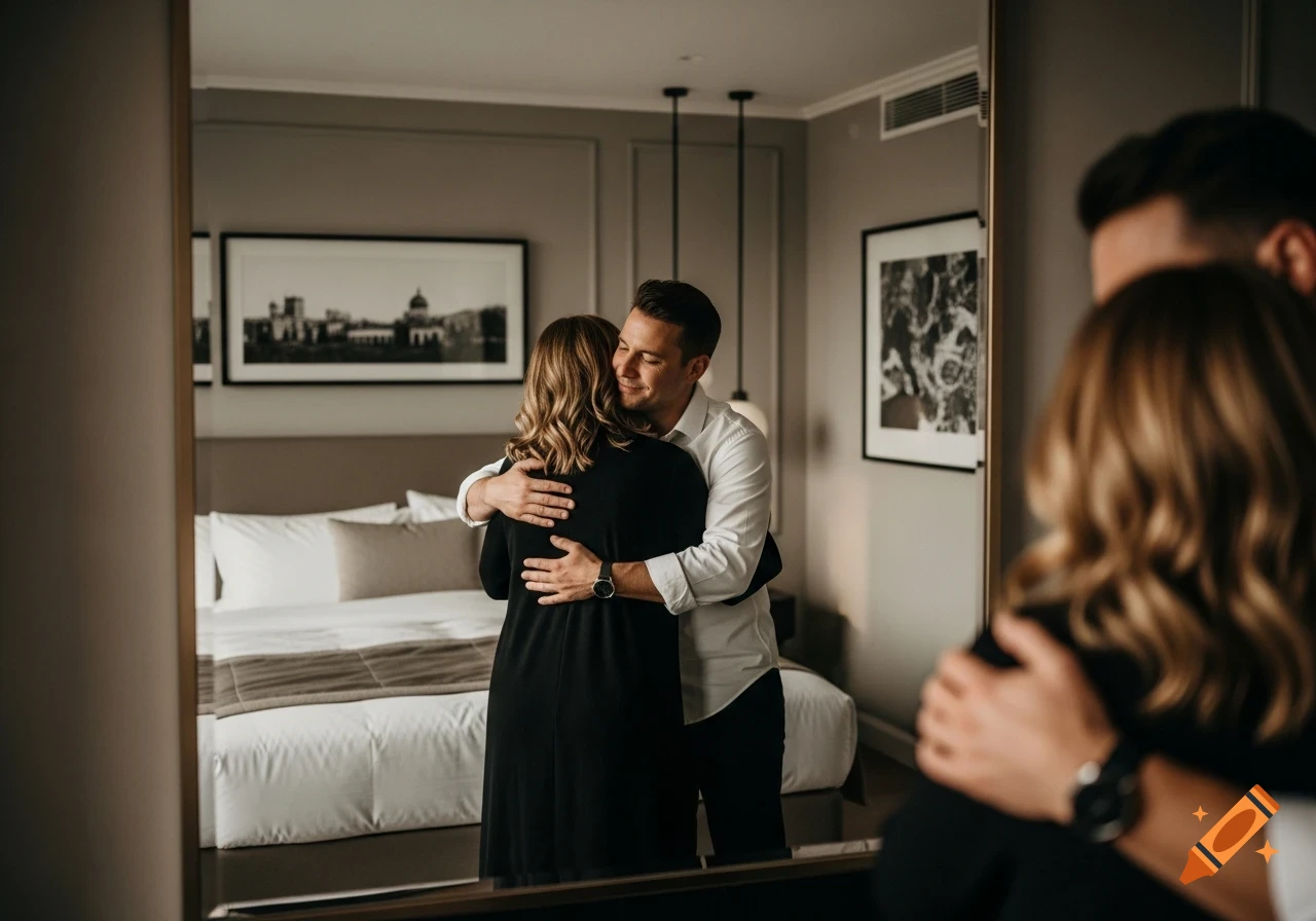 Photorealistic image of a man hugging a woman from behind, reflected in a mirror in a modern bedroom.
