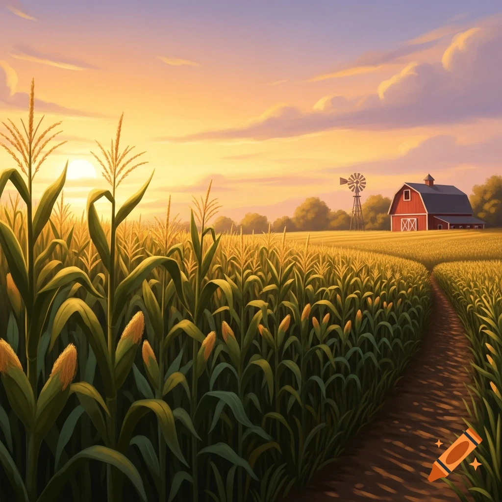 A vibrant, stylized drawing of a vast cornfield at sunset, with a path leading to a red barn and windmill.
