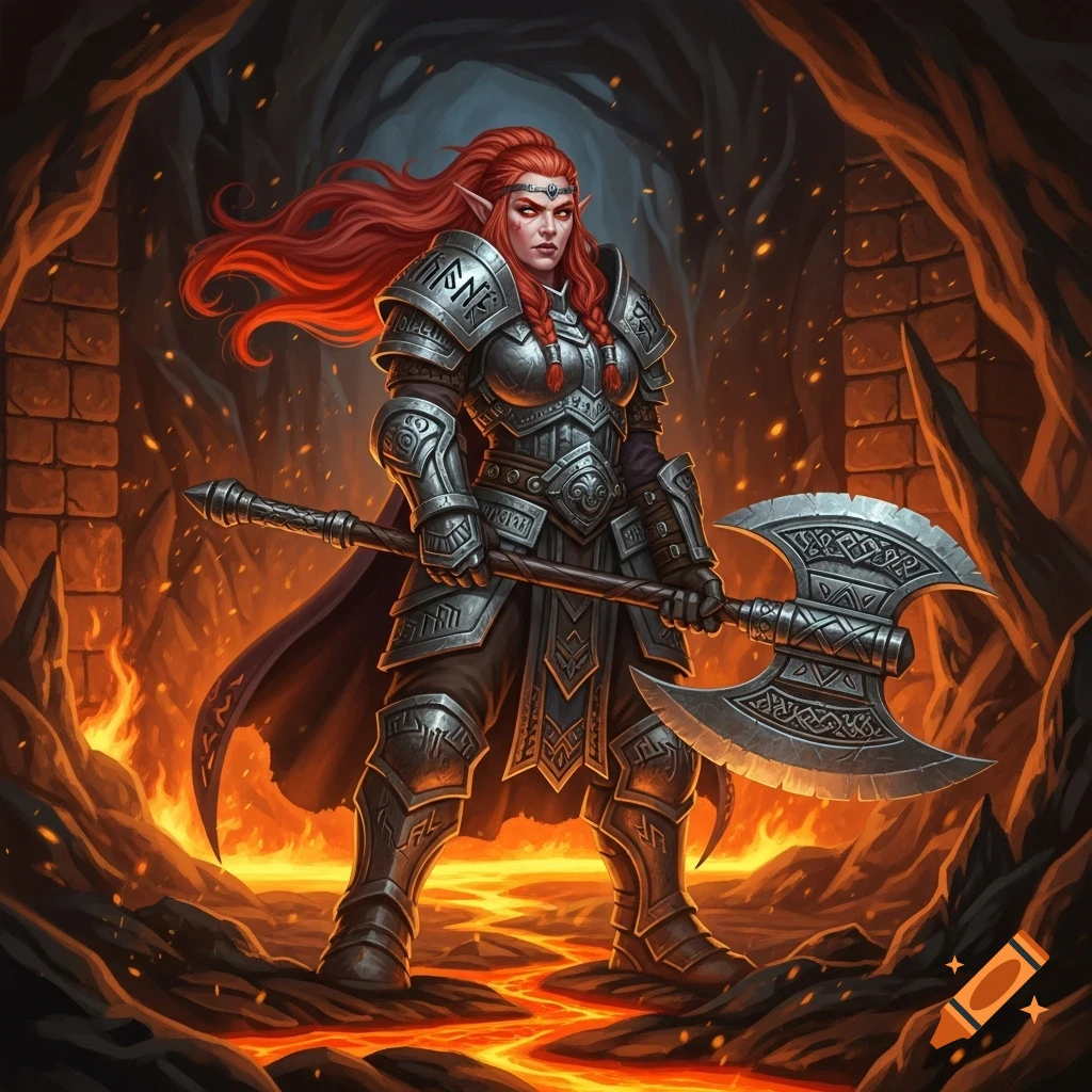 A red-haired female dwarf warrior in intricate silver armor holds a ...