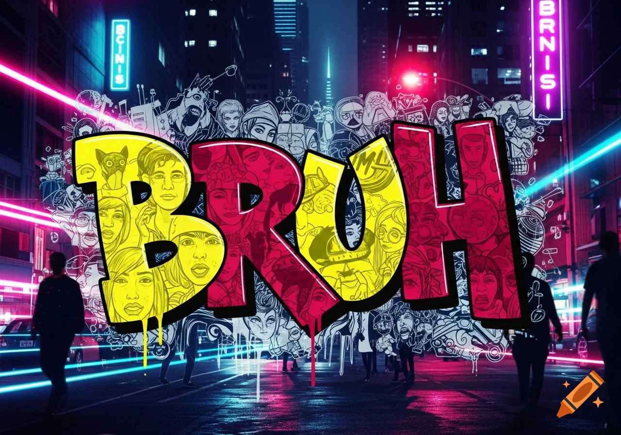 Graffiti art of the word "BRUH" in yellow and red, filled with stylized faces, against a dark city street with neon lights at night.