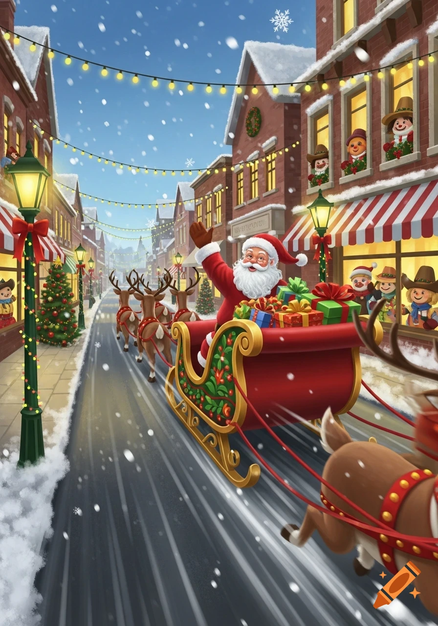 Santa Claus in a red sleigh pulled by reindeer, flying low over a snowy town street with buildings adorned in Christmas lights. Cheerful cartoon characters wave from windows.