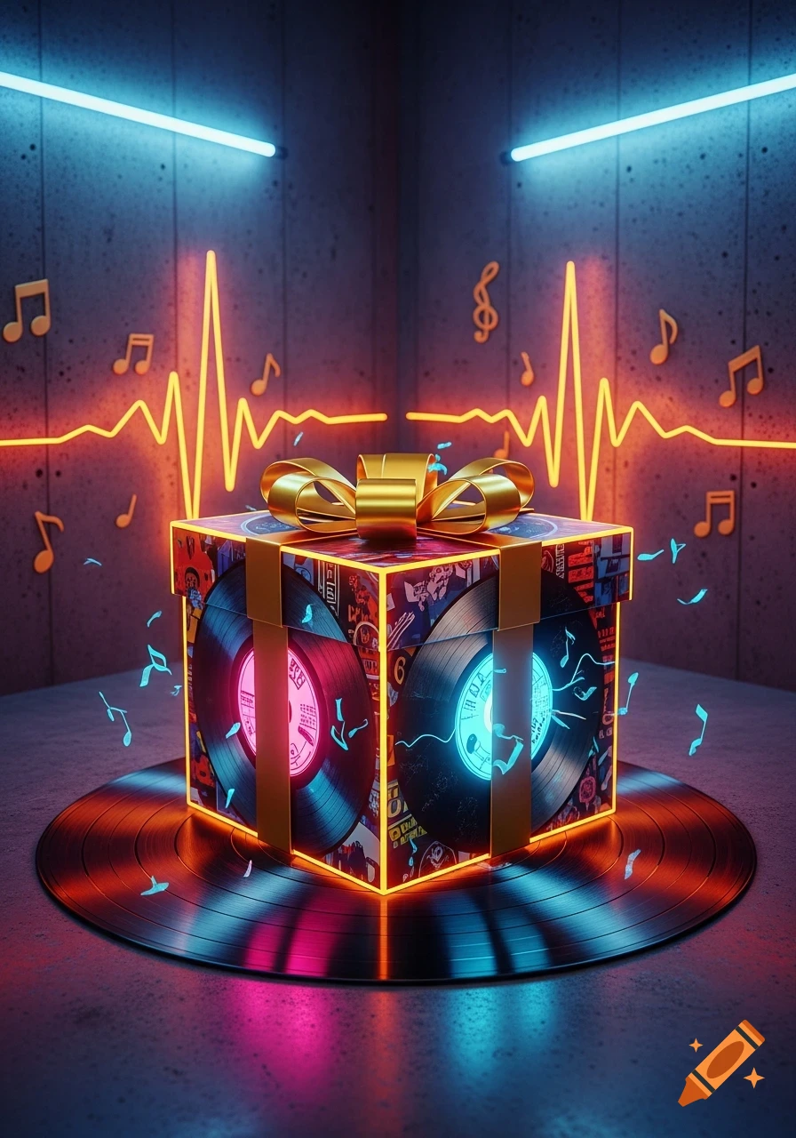 A glowing gift box decorated with neon-lit vinyl records and music notes, with an orange sound wave and blue neon lights in the background.