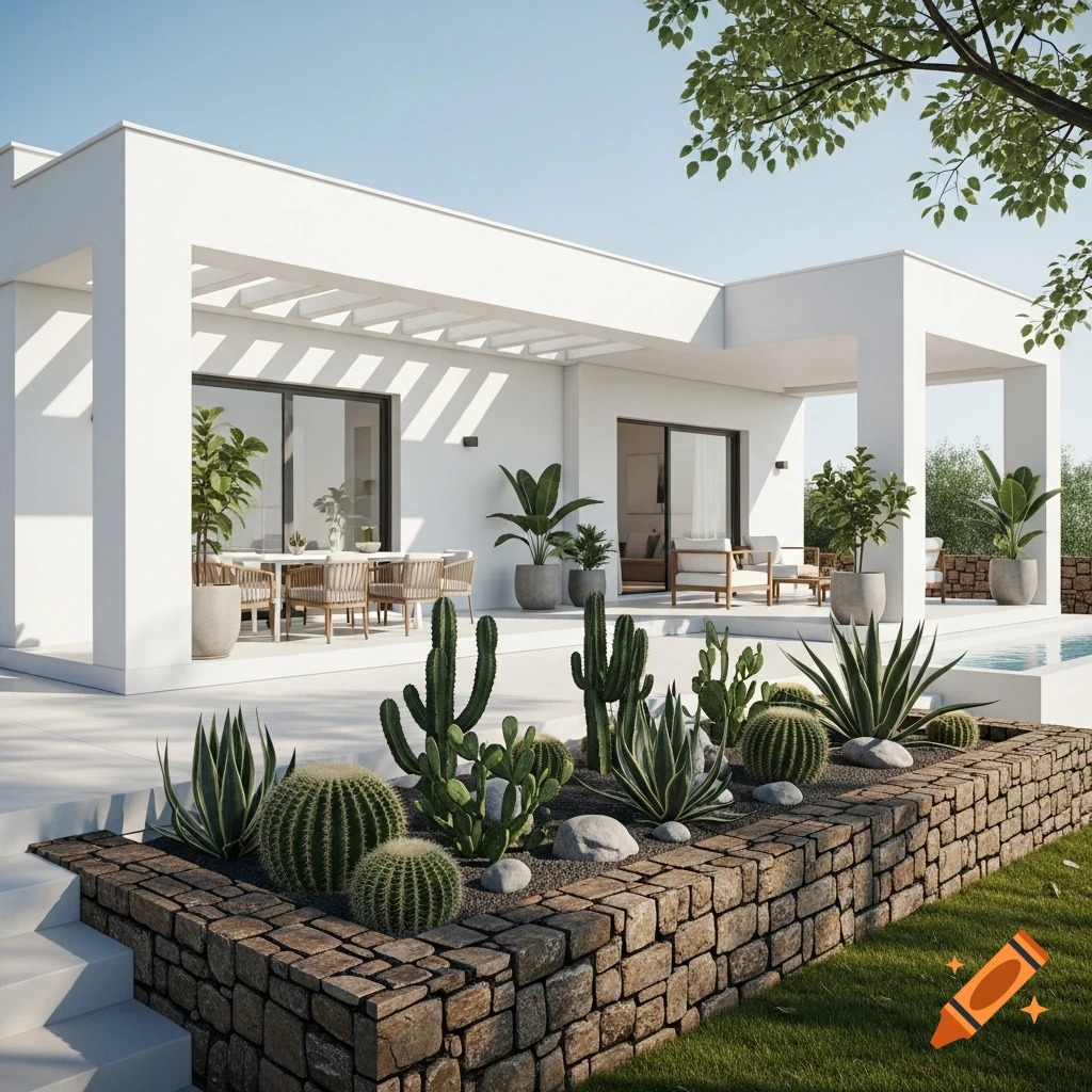 A modern white house with an L-shaped covered patio featuring outdoor dining and lounge areas, bordered by a stone planter filled with cacti and succulents.
