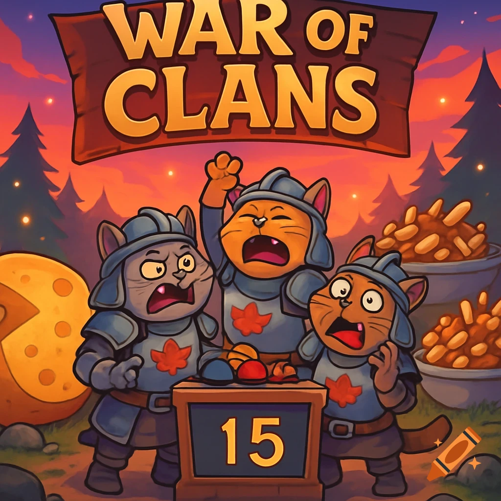 Three cartoon warrior cats in armor react to a button on a '15' box, under a 'WAR OF CLANS' sign at sunset in a forest.