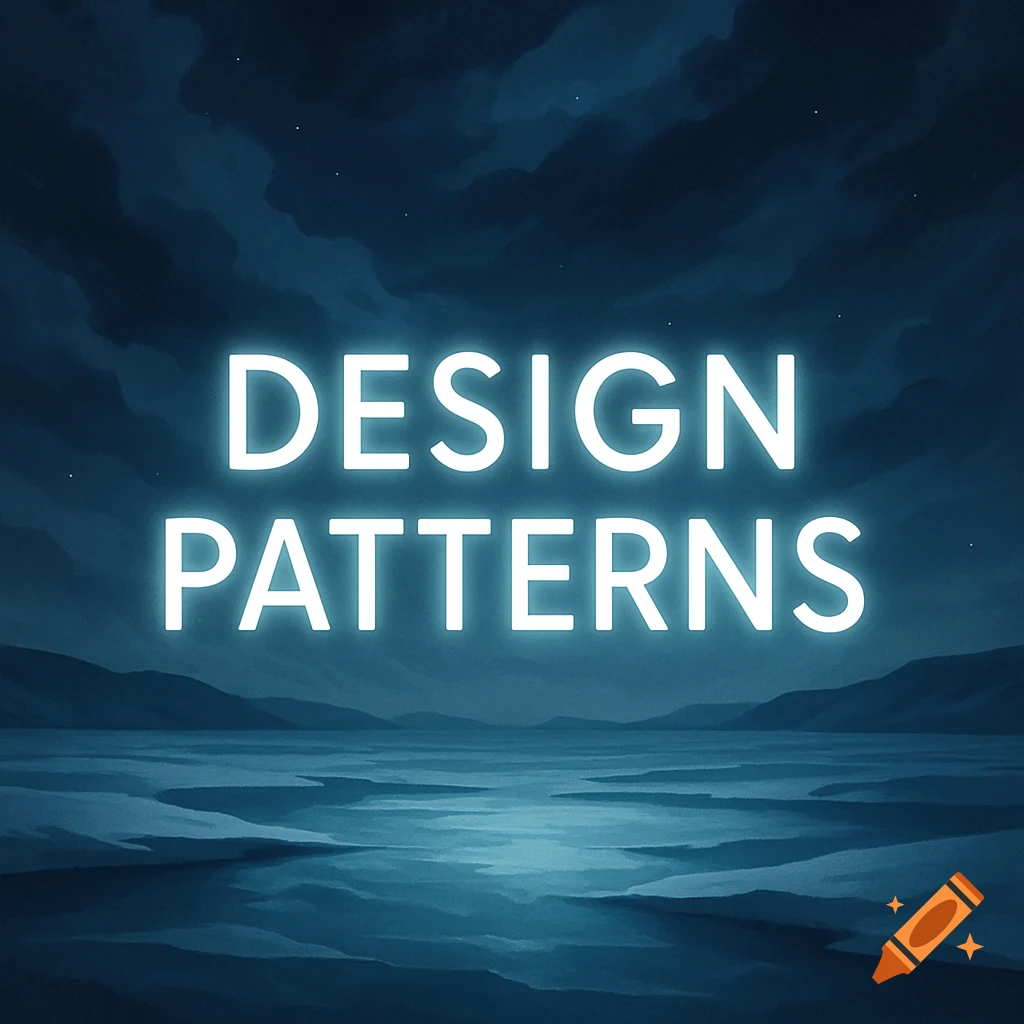 Glowing 'DESIGN PATTERNS' text over a dark blue polar night landscape with clouds, stars, mountains, and water.