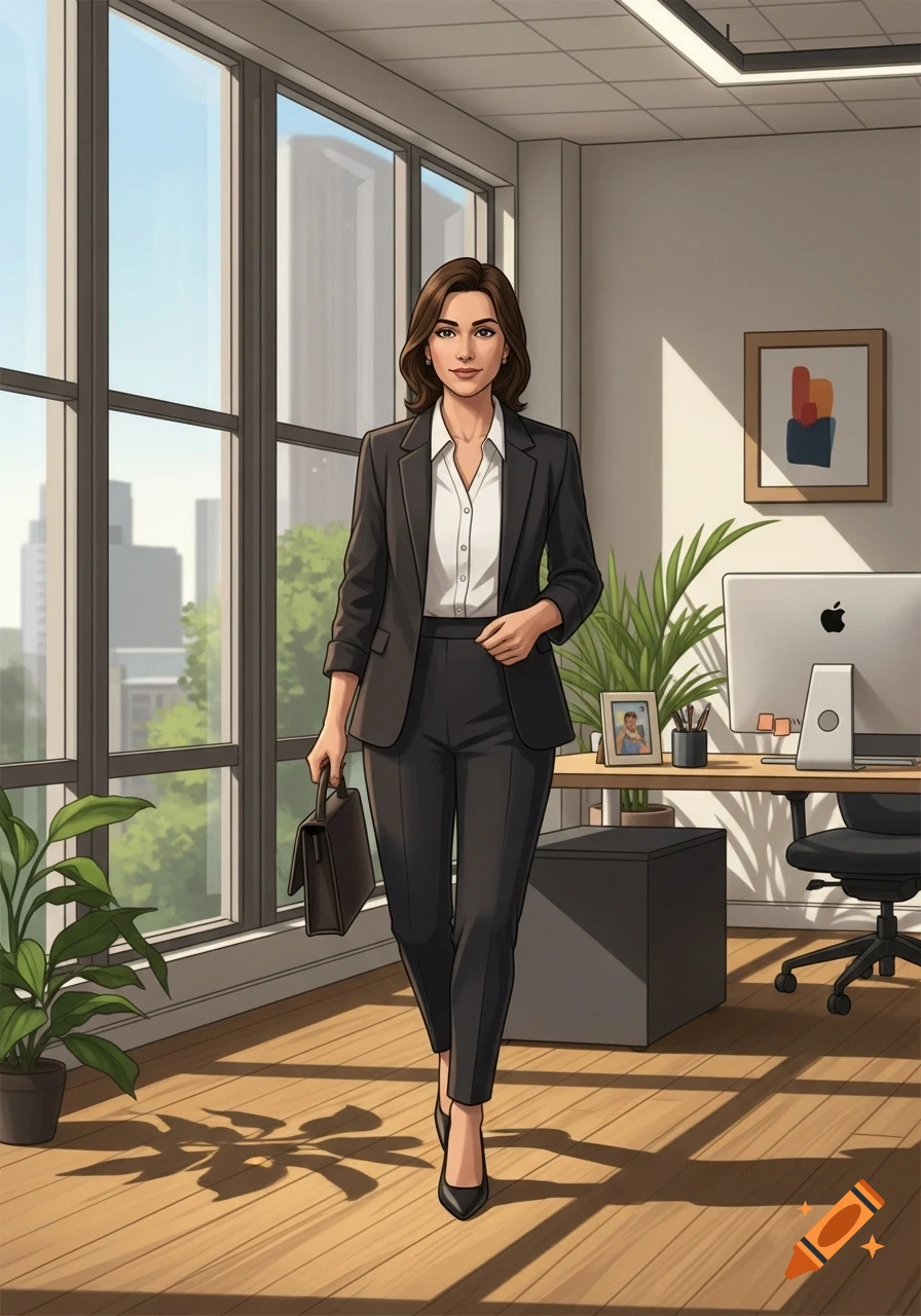 Cartoon illustration of a business woman in a dark suit walking through a bright office with large windows, holding a briefcase.