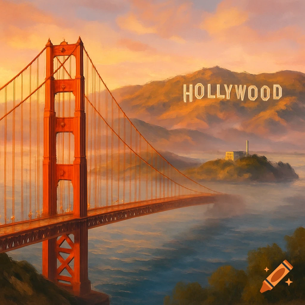 Painterly scene of the Golden Gate Bridge, Hollywood sign on mountains, and Alcatraz island at sunset.