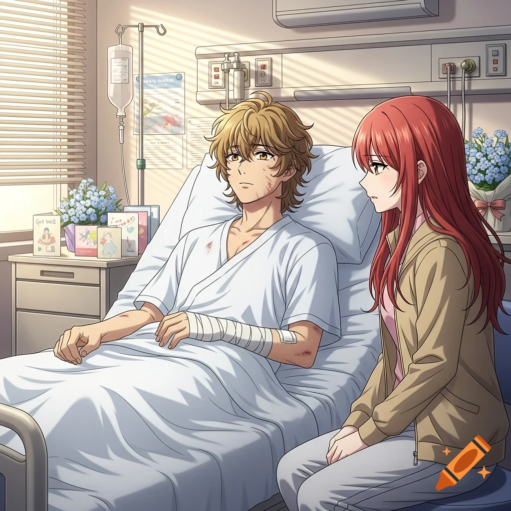Anime drawing of a male patient with a bandaged arm and bruises in a hospital bed, a red-haired woman sits beside him.