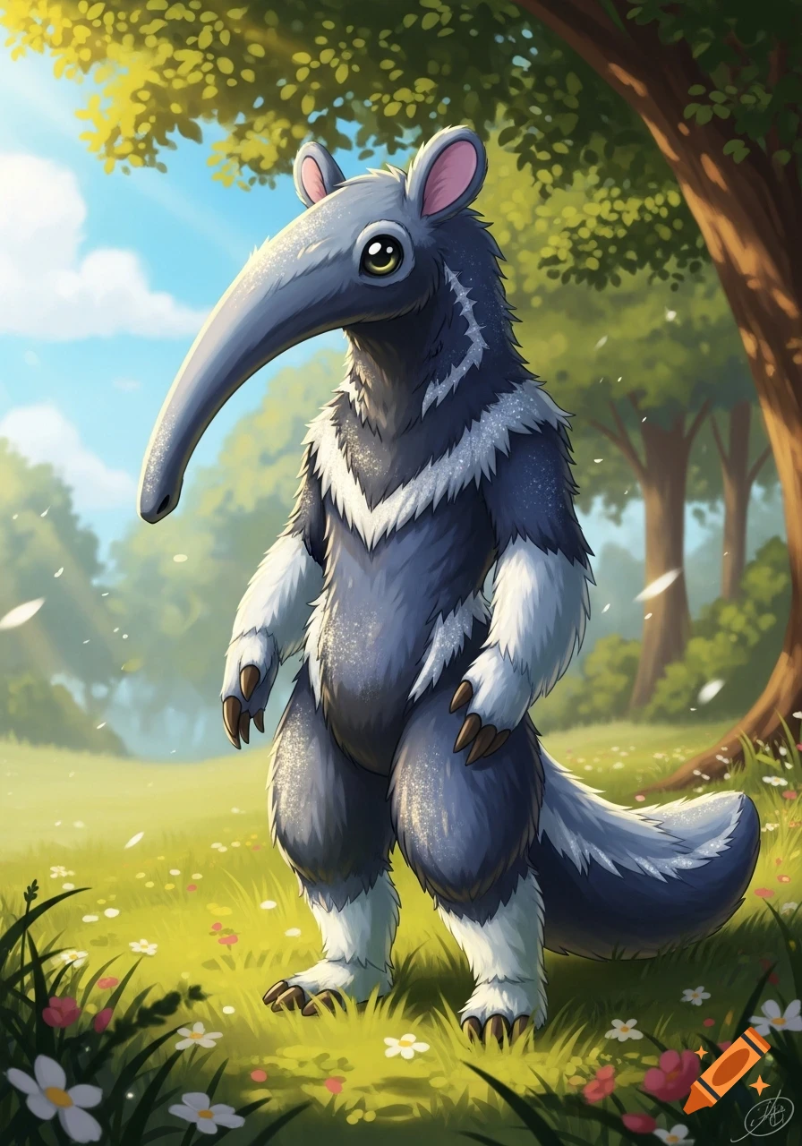An adorable cartoon anteater with blue-gray and white fur stands in a sunny green field filled with flowers.