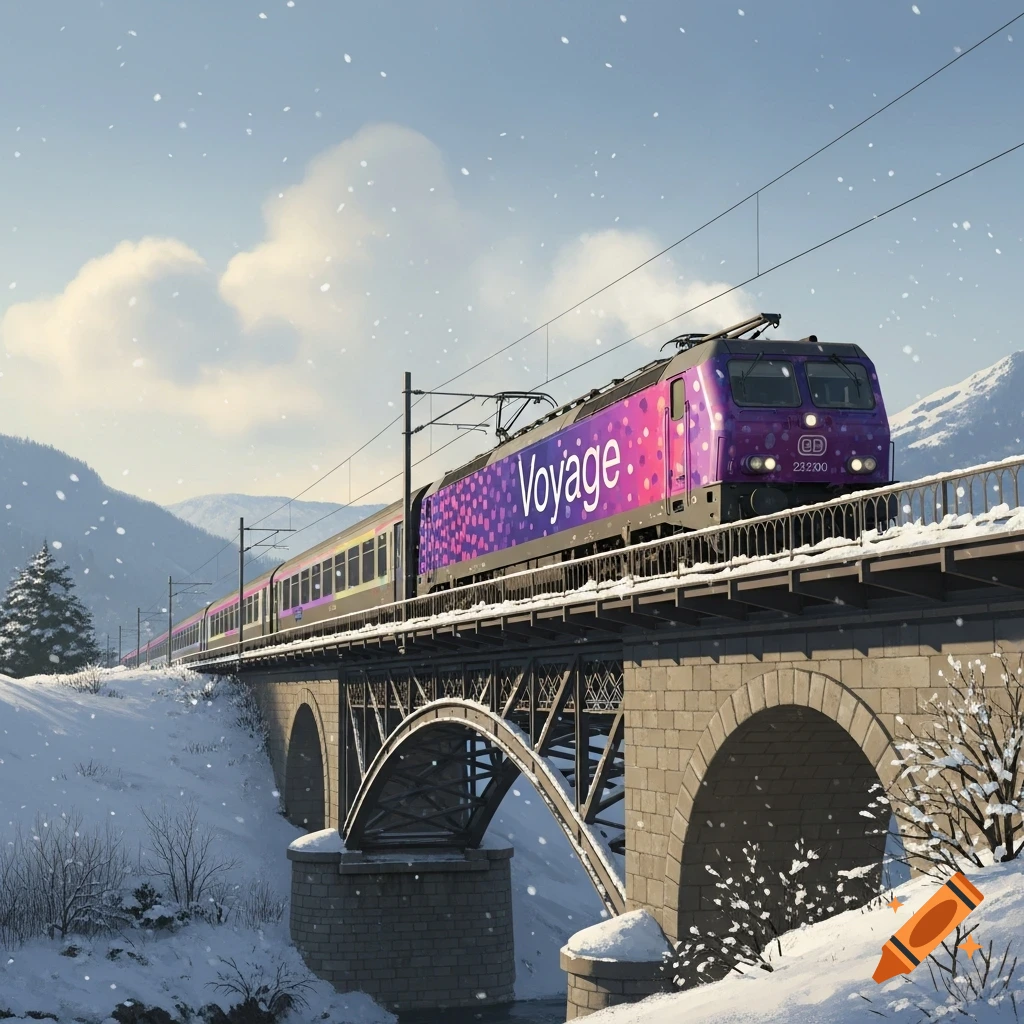 A purple train with 'Voyage' on its side crosses a stone bridge in a snowy mountain landscape with flakes falling.