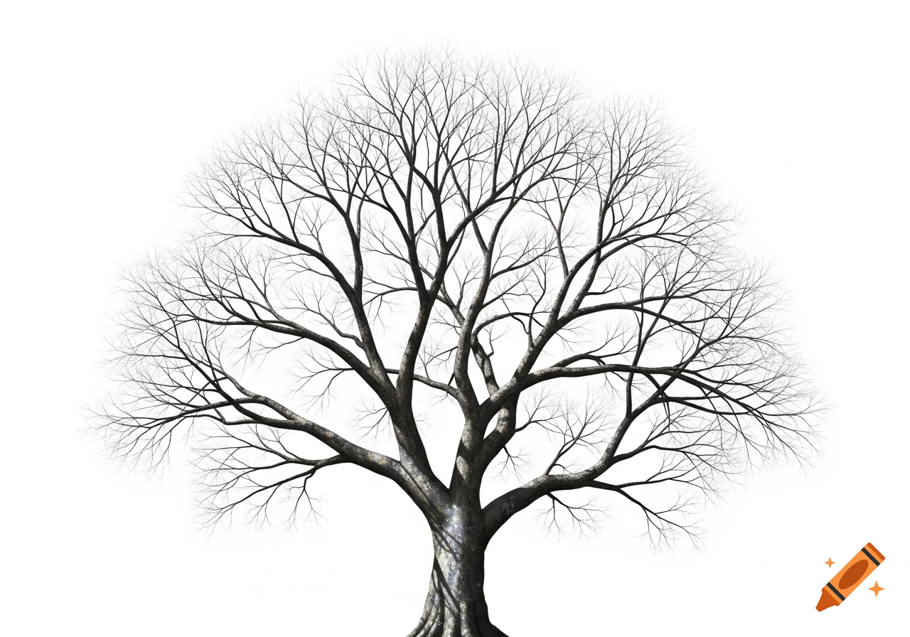 A detailed illustration of a bare tree with intricate branches against a white background.