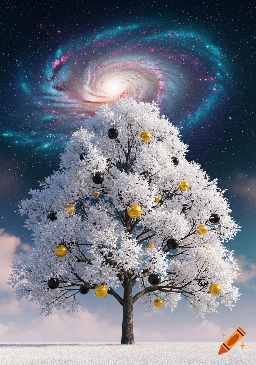 A white-leafed tree with black and gold ornaments stands in a snowy field under a vibrant spiral galaxy in a starry night sky.
