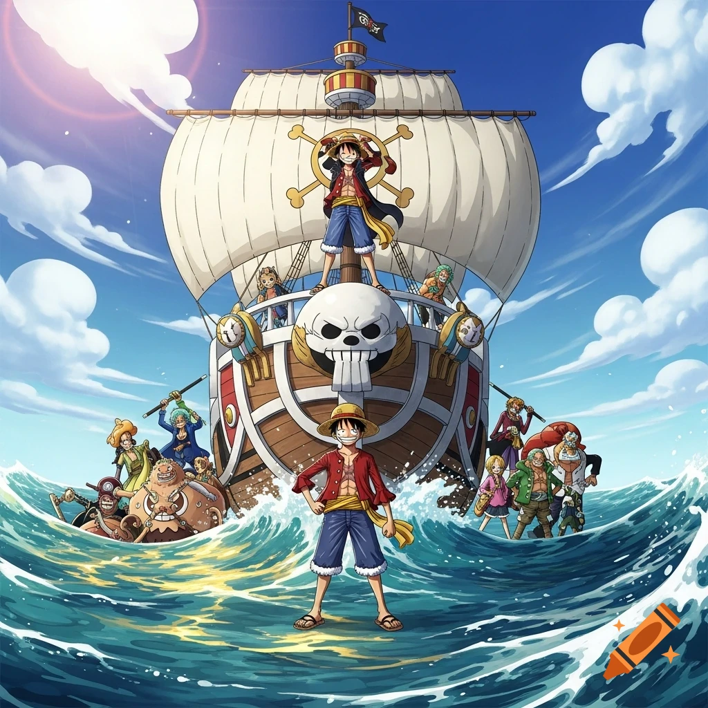 Luffy and the Straw Hat Pirates crew on the Thousand Sunny ship, sailing on a blue ocean under a sunny sky in anime style.
