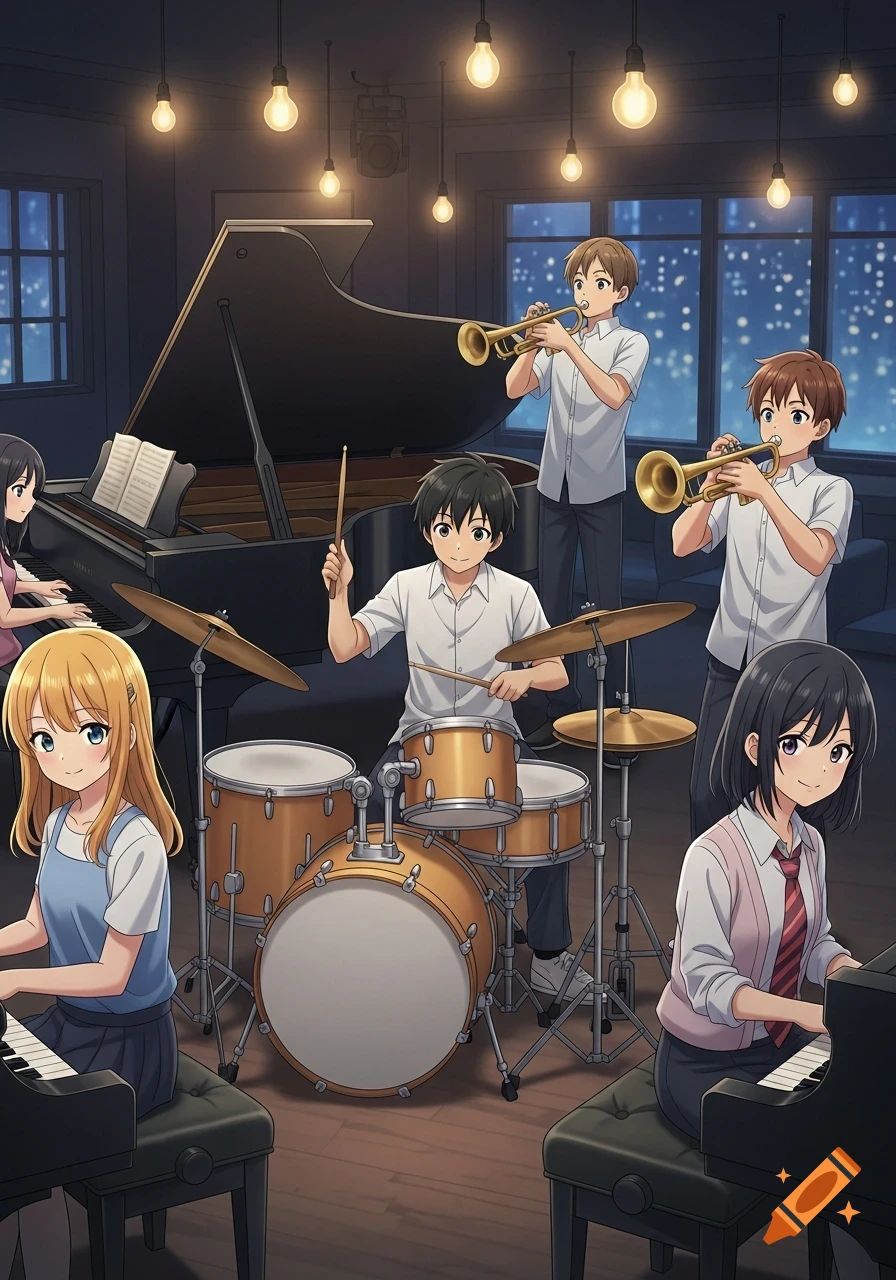 Anime style group of teenage musicians, including a drummer, two trumpet players, and two pianists, performing in a dimly lit room with hanging lights.