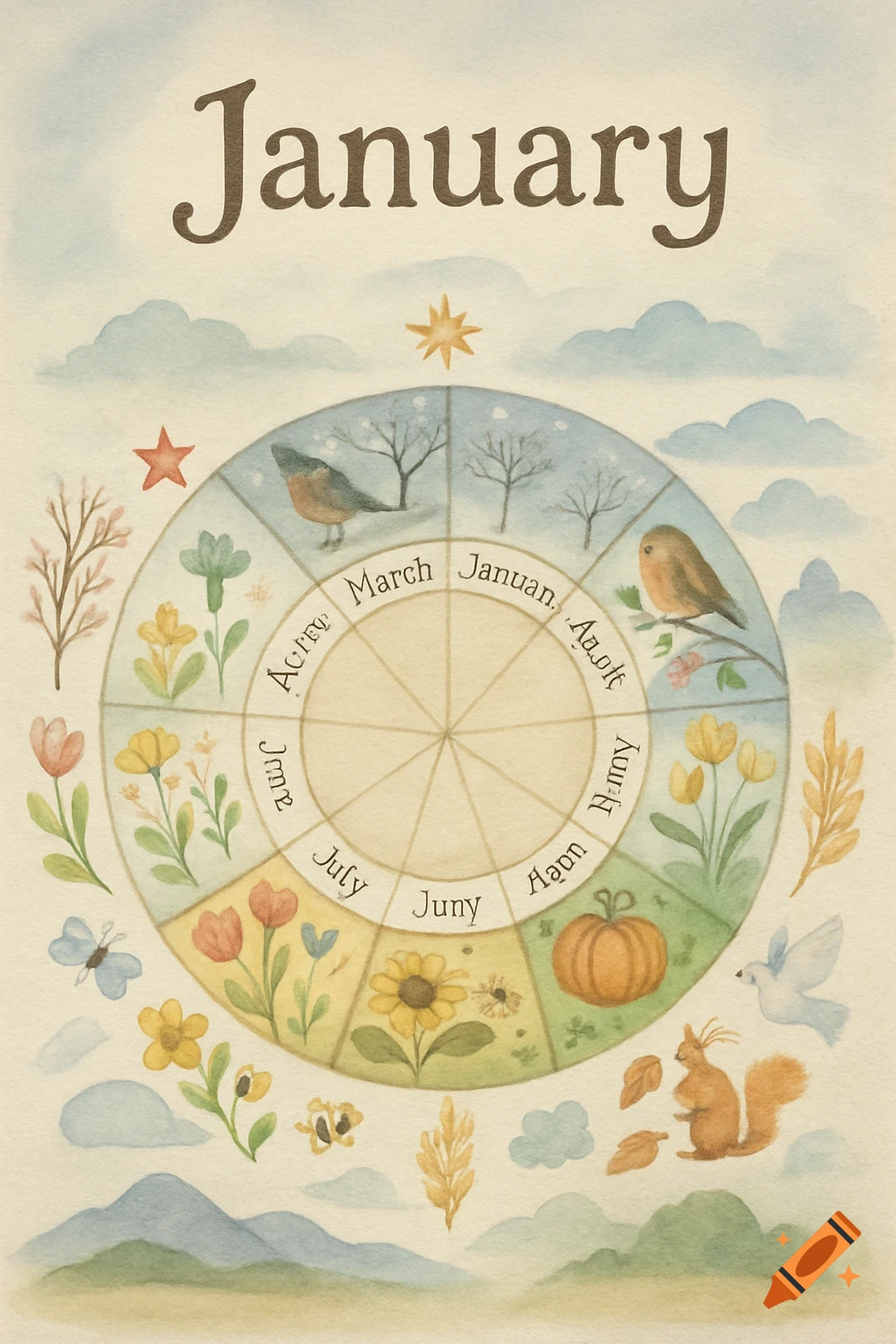A watercolor year circle with illustrations for each month, titled 'January' at the top, surrounded by seasonal elements like birds, flowers, pumpkins, and a squirrel.