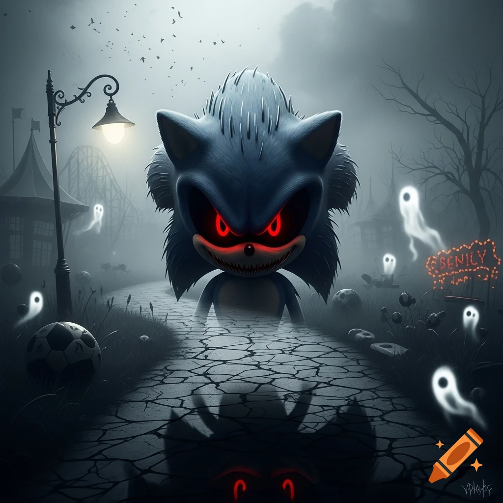 A creepy version of Sonic the Hedgehog with glowing red eyes and sharp teeth stands on a cracked path in a foggy, dark, abandoned amusement park with ghosts.