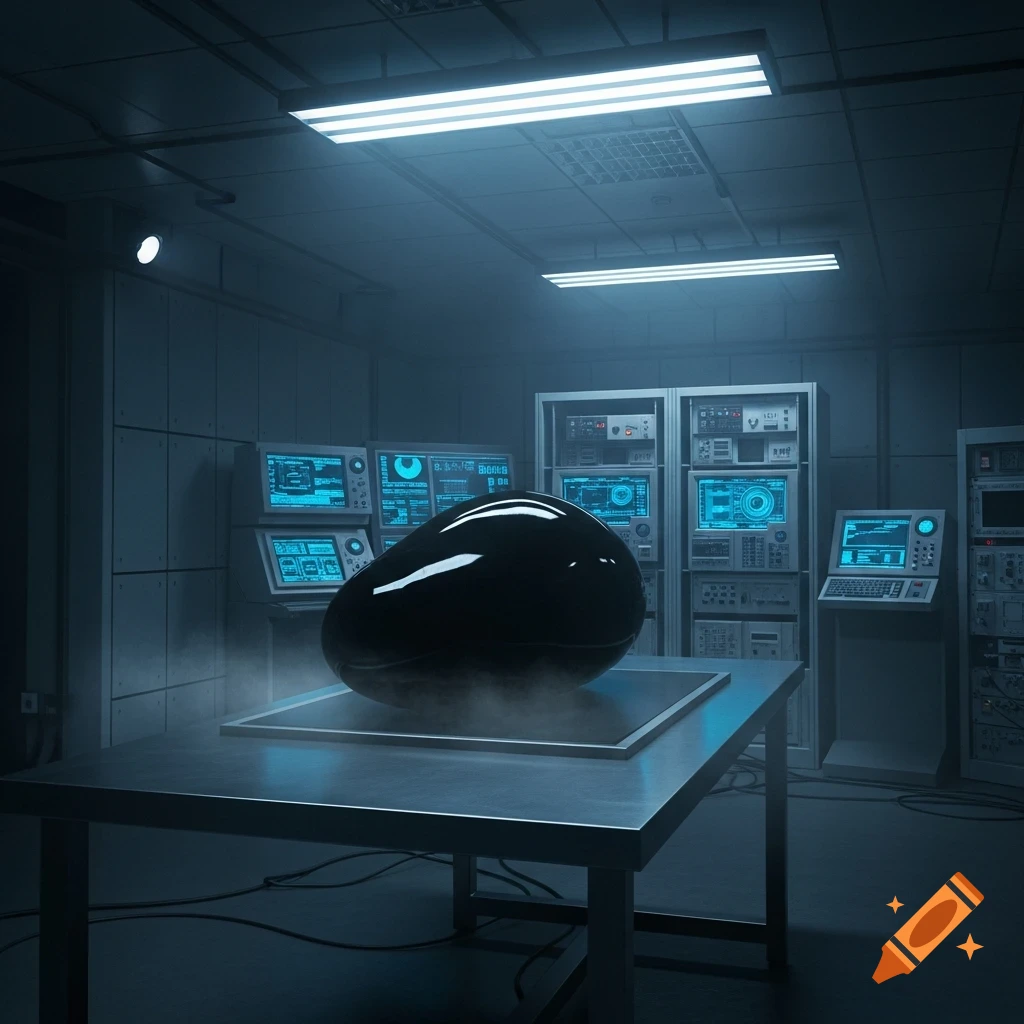 Dark, futuristic laboratory with a glowing black oval object on a table, surrounded by blue-lit monitors displaying data.