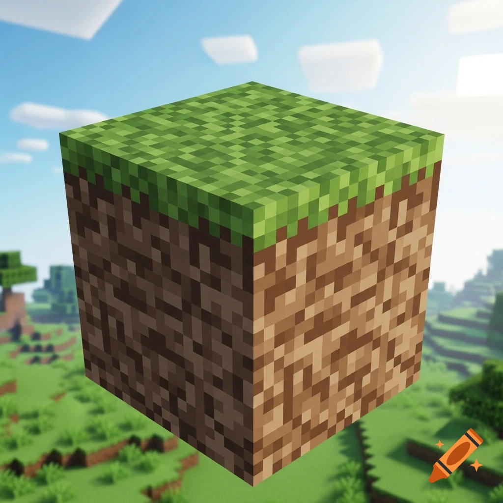 A floating 3D Minecraft grass block with green top and brown dirt sides, against a blurred blocky landscape and blue sky.