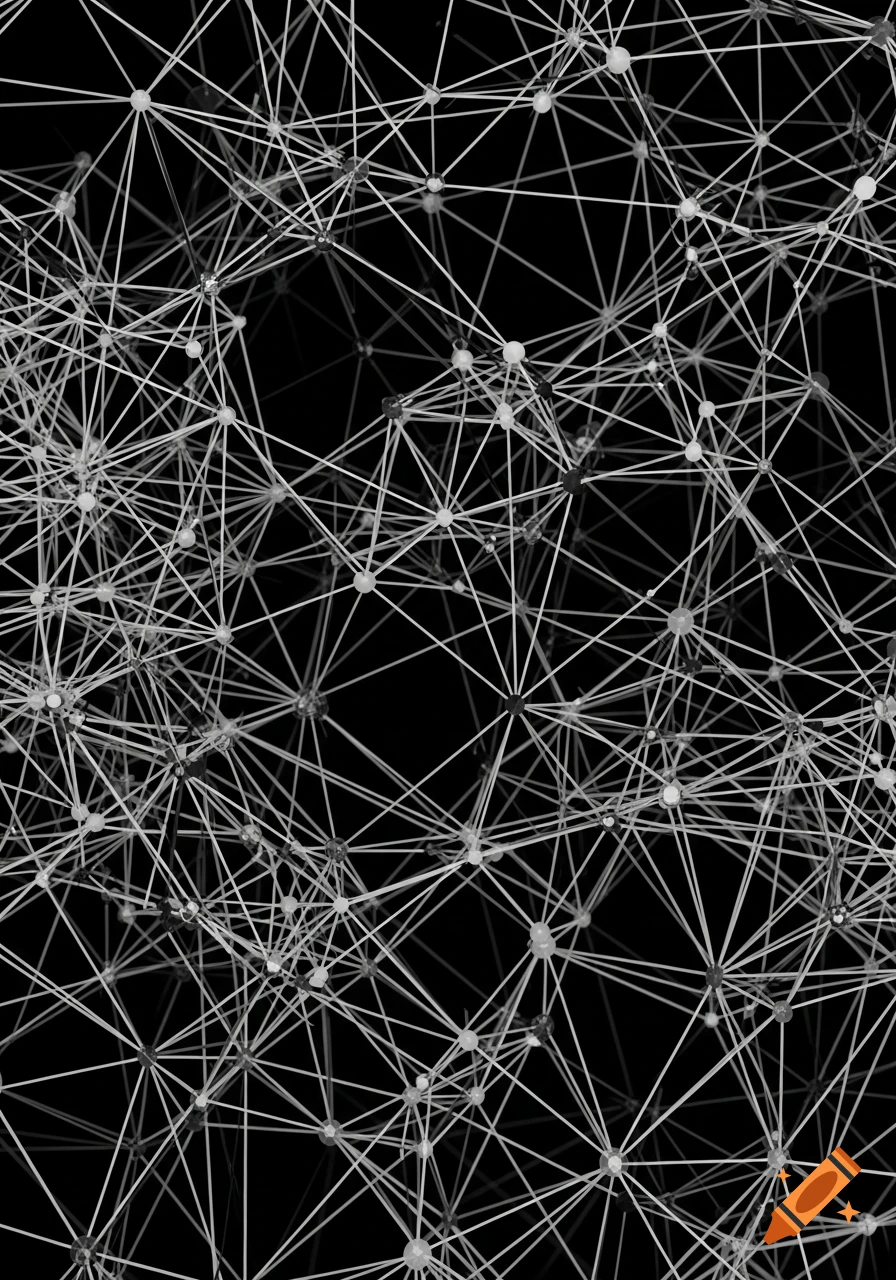 An intricate, dense network of white lines connecting various white nodes against a black background, forming a complex abstract 3D structure.