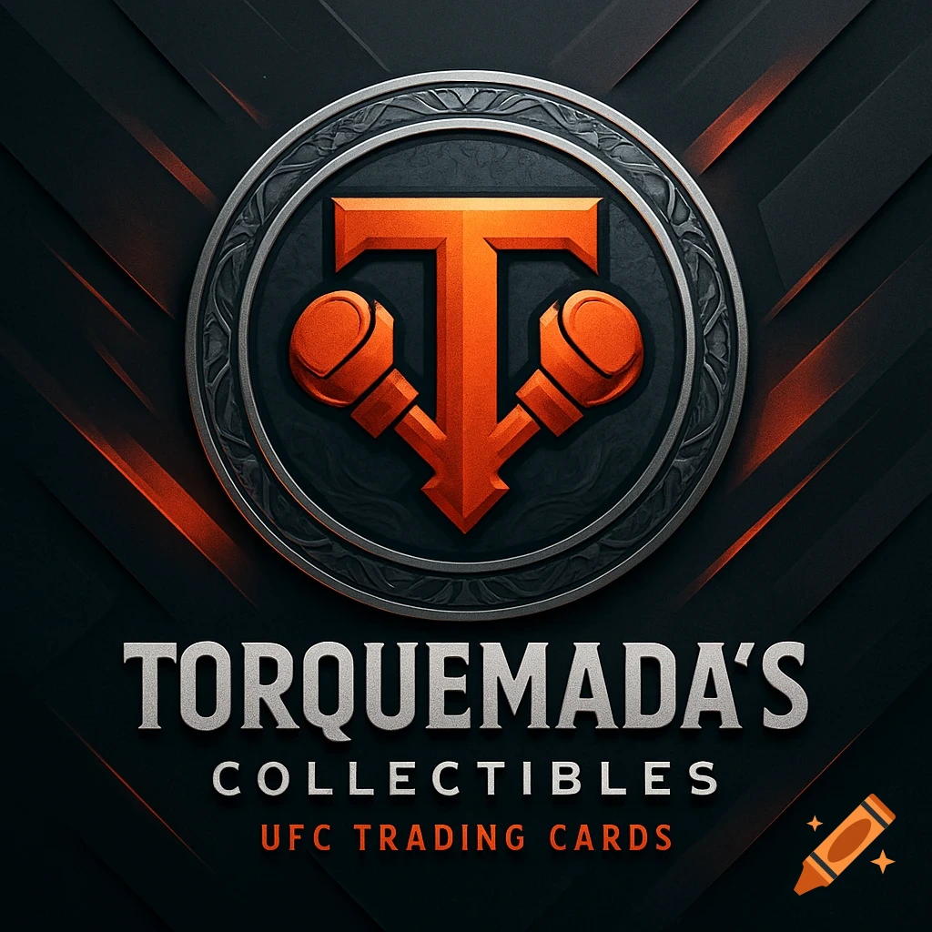 A black and orange metallic logo featuring a large 'T' with two boxing gloves, and the text 'TORQUEMADA'S COLLECTIBLES UFC TRADING CARDS'.