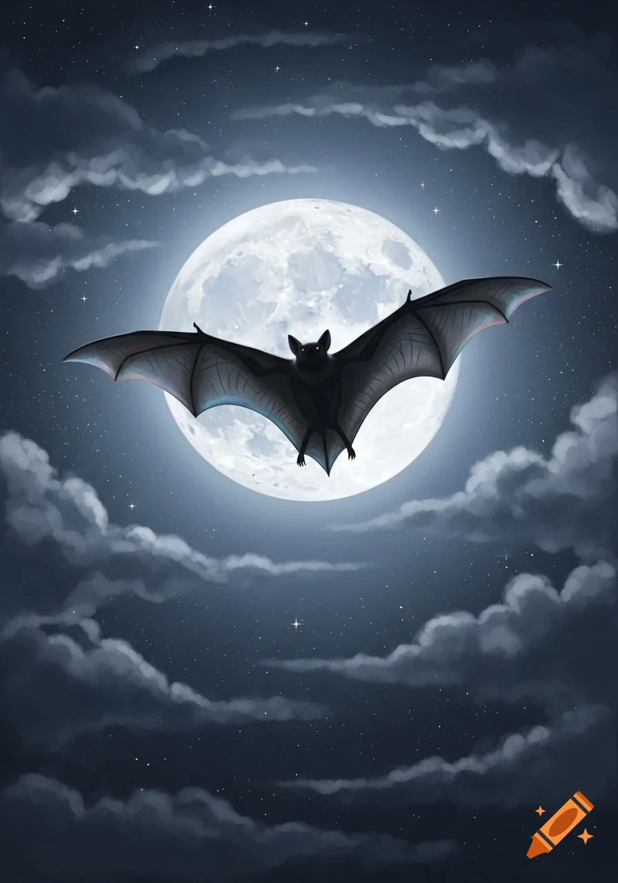 A dark bat with glowing red eyes flies in front of a large, bright full moon, against a night sky with clouds and stars.