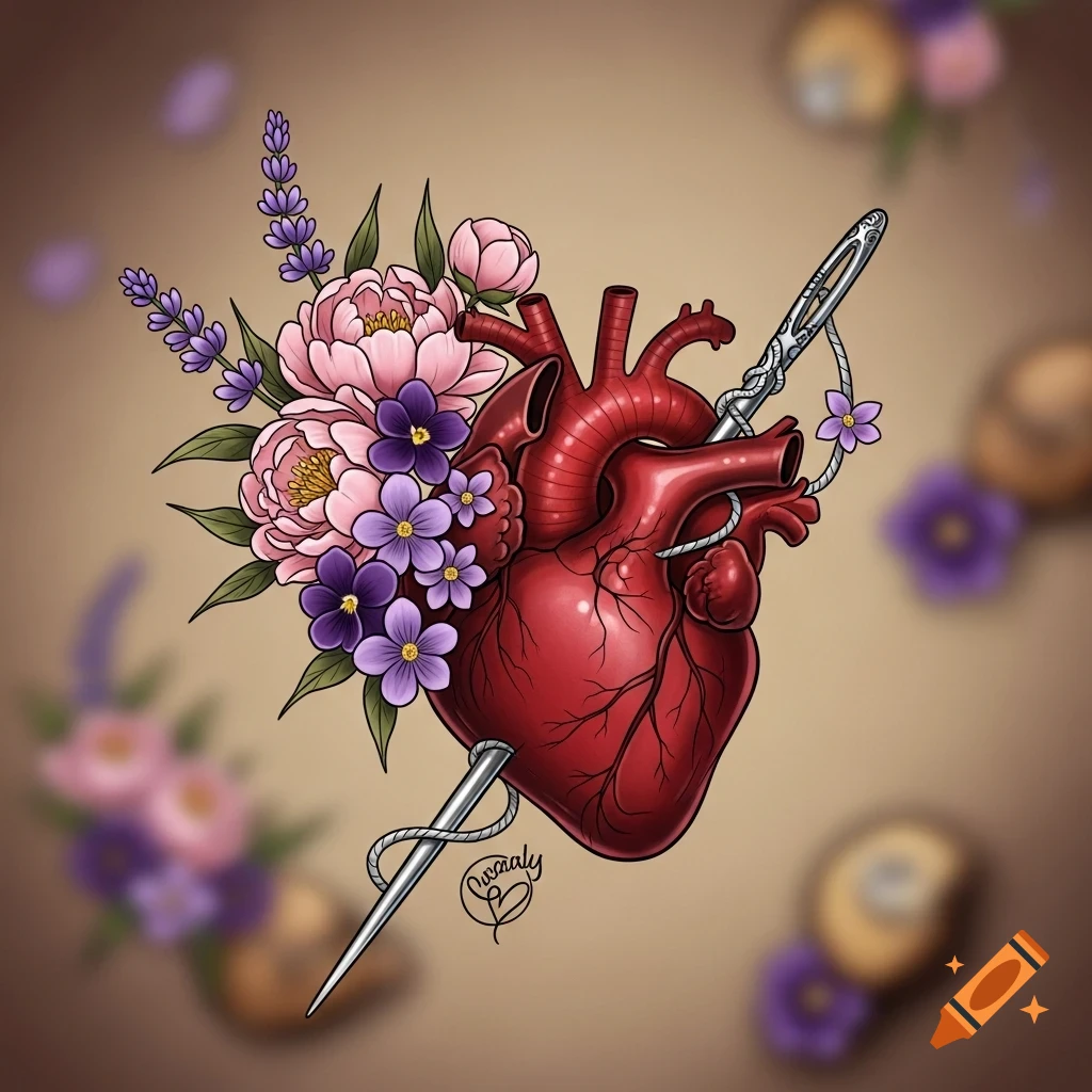 Stylized anatomical heart pierced by a sewing needle, adorned with pink peonies, purple violets, and lavender on a brown background.