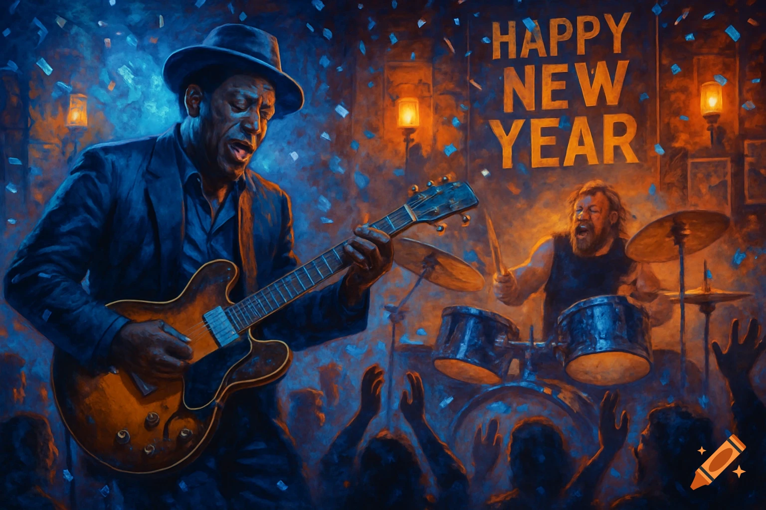 A blues guitarist and drummer perform on stage with a 'HAPPY NEW YEAR' sign and falling confetti in a vibrant, painterly style.