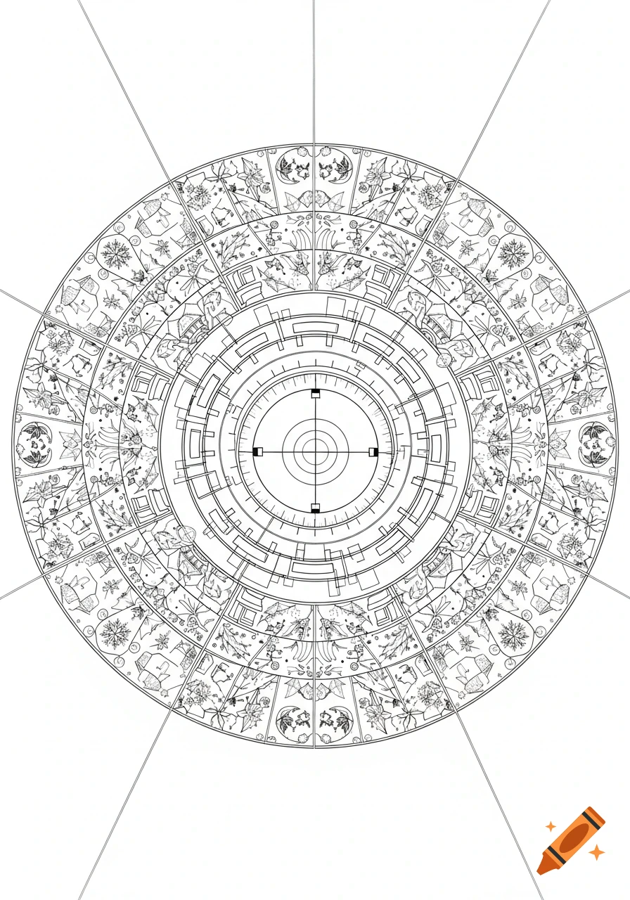Highly detailed black-and-white mandala with futuristic laser-tag and Christmas motifs, designed for coloring.
