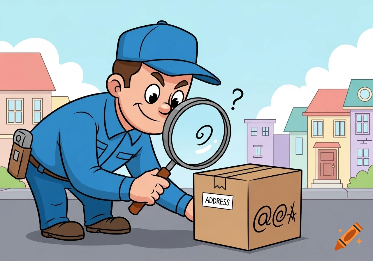 A friendly cartoon delivery driver in a blue uniform and cap examines a package with a magnifying glass on a city street with houses in the background.