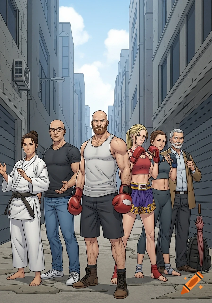 Six diverse people, including martial artists and a businessman, stand in an urban alley in a comic book style.
