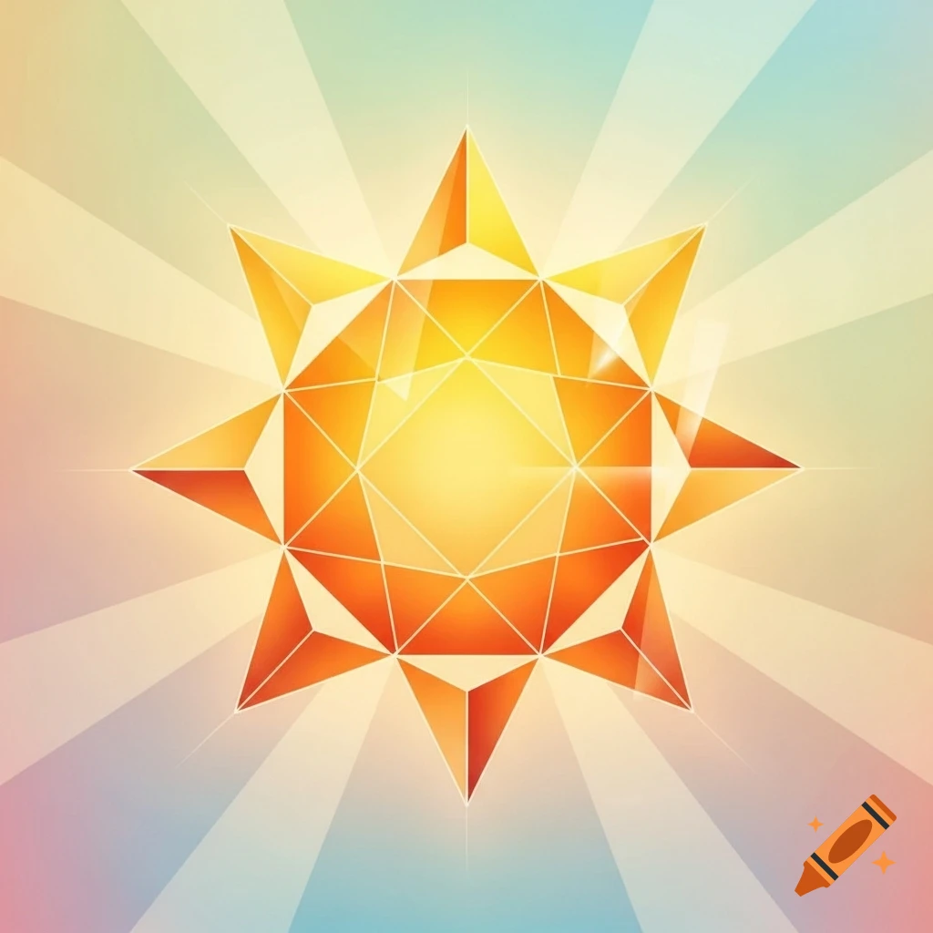 A vibrant orange and yellow geometric sun or star with facets, emitting rays against a pastel gradient background.