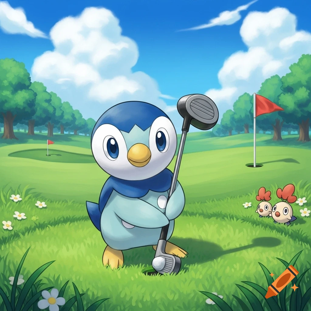 Piplup, a blue and white penguin-like Pokemon, stands on a sunny golf course holding a golf club. Two small Pokémon watch.