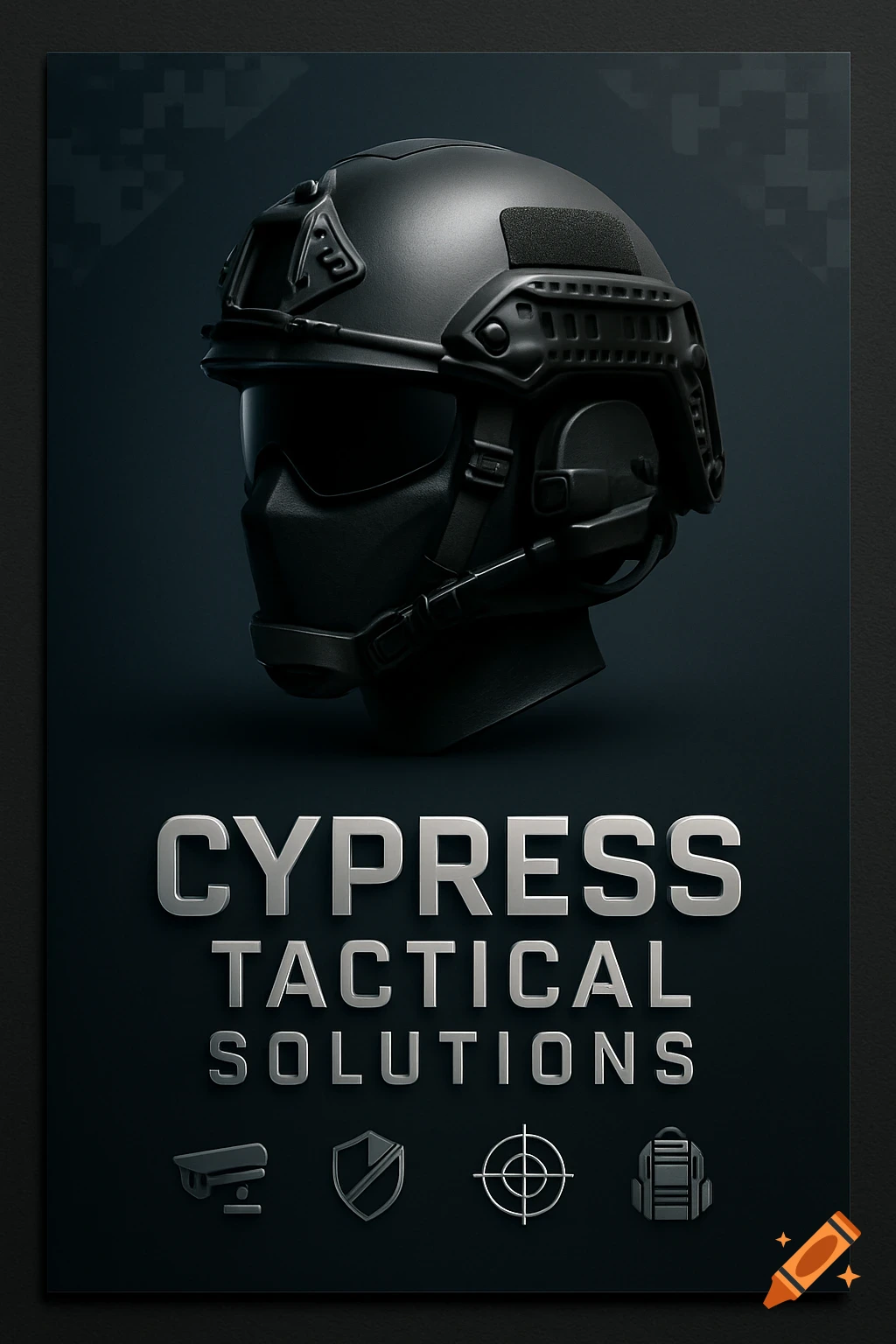 A black tactical helmet and face mask on a dark flyer with text 'Cypress Tactical Solutions' and icons.