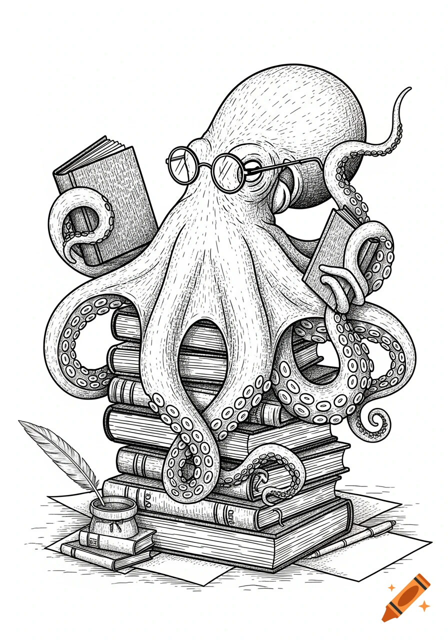Black and white illustration of a scholarly octopus wearing glasses, holding books, and sitting on a stack of books with an inkwell.