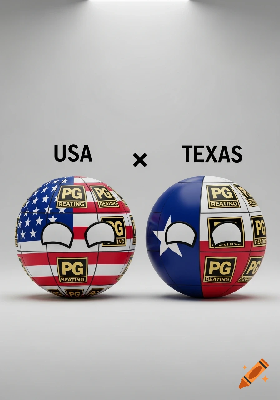 Two 3D countryballs on a white background, one with the USA flag and the other with the Texas flag, both covered in PG RATING labels.