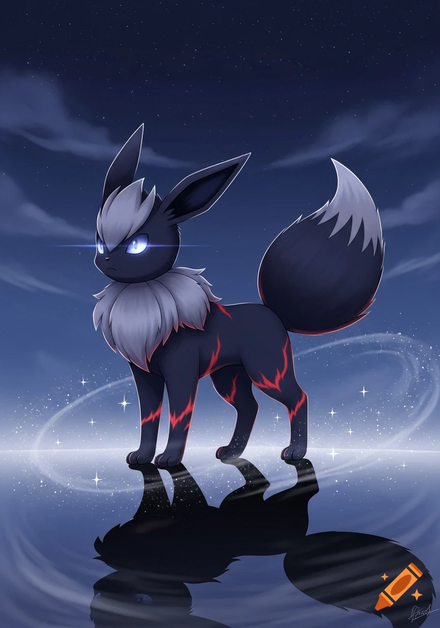 A dark, fox-like creature with glowing blue eyes and red markings stands on a reflective surface under a starry night sky.