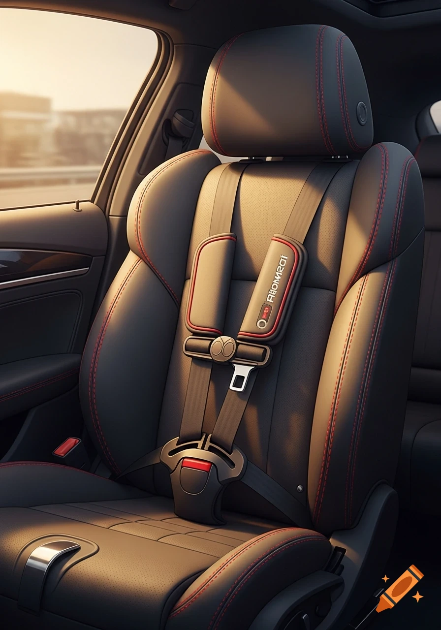 Photorealistic image of a black car seat with red stitching and a child safety harness, bathed in warm sunlight.