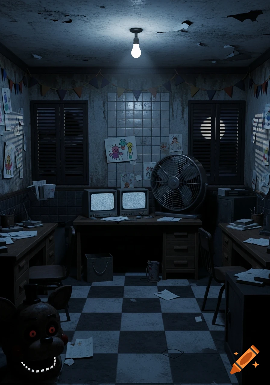 A dark, disheveled office from Five Nights at Freddy's, featuring static-filled monitors, a fan, and a sinister animatronic in the foreground.