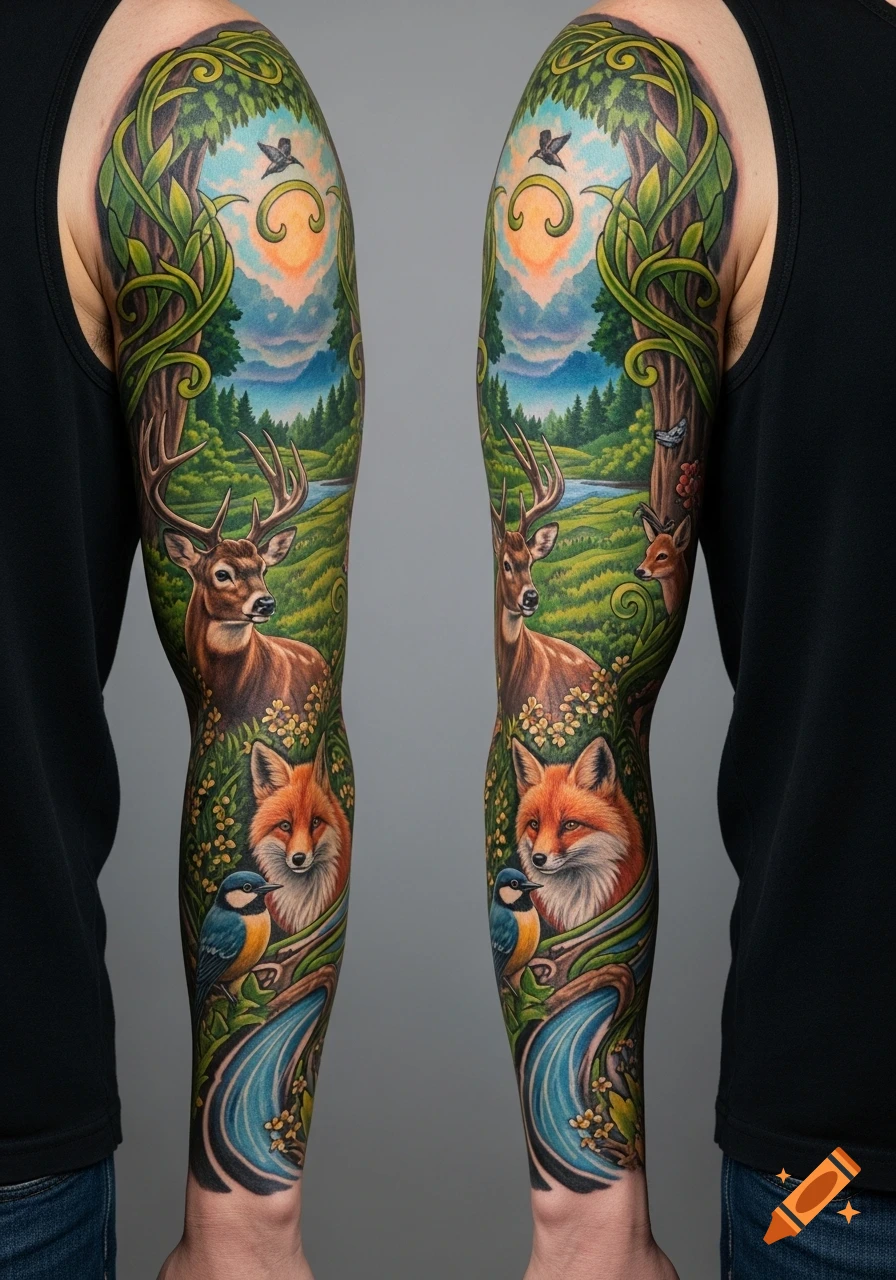 Detailed nature-themed full sleeve tattoos on both arms, featuring a forest landscape with deer, a fox, and a bird, in a vibrant, illustrative style.