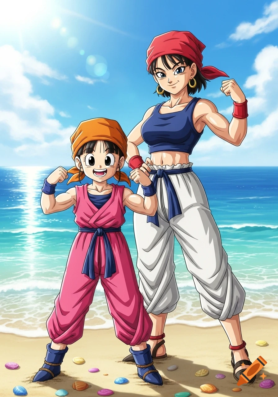 Pan and her mom, Videl, from Dragon Ball GT, flex their muscles on a sunny beach in anime style.
