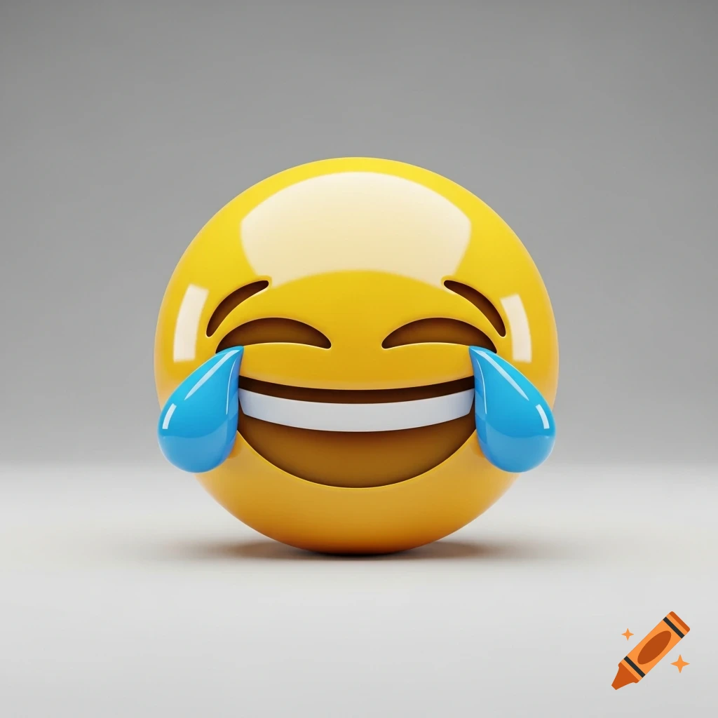 A glossy 3D rendering of a yellow laughing crying emoji with blue tears on a gray background.