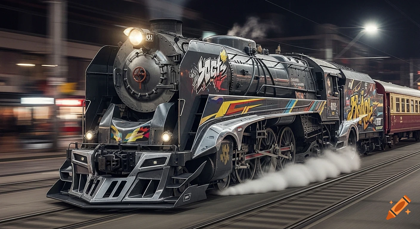 A stylized, modified steam locomotive with a widebody kit, street art graffiti, and colorful racing stripes, moving at speed down tracks at night.